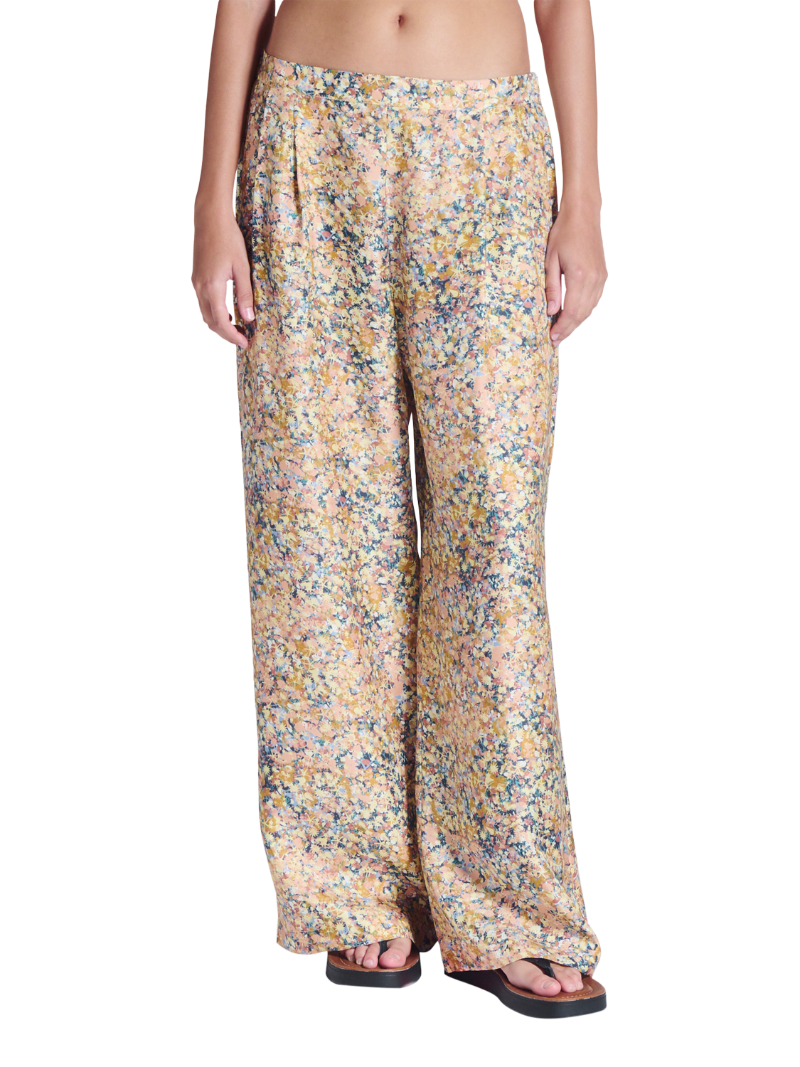Product image 1 of 6, which shows ASCENO Isola Beachscape Print Silk Trousers, Multi, XS