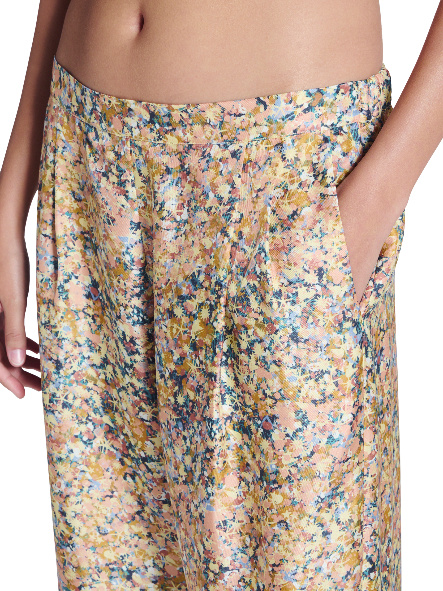 Product image 6 of 6, which shows ASCENO Isola Beachscape Print Silk Trousers, Multi, XS