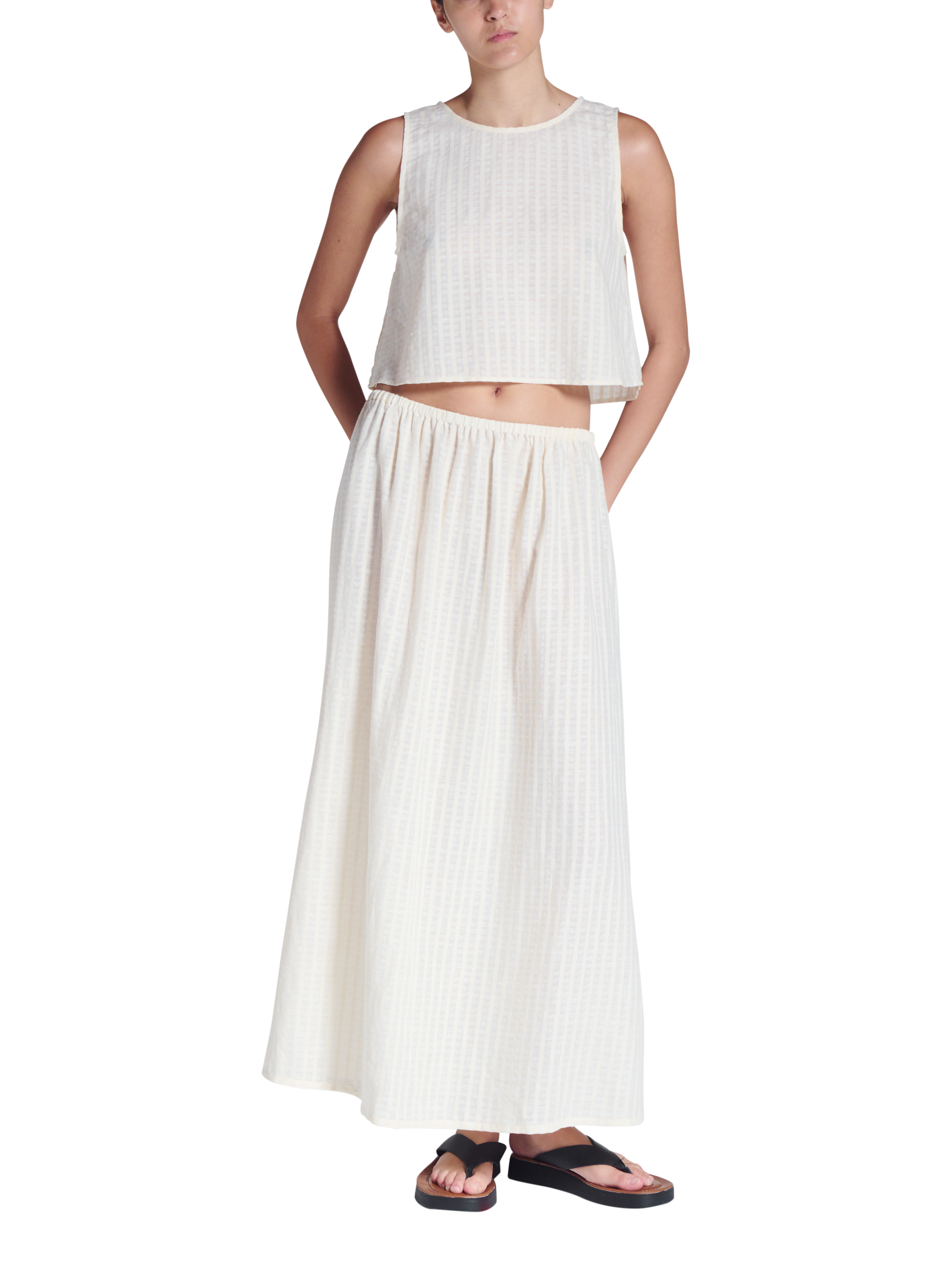 Product image 1 of 5, which shows ASCENO Kobe Sleeveless Cotton Blend Crop Top, White, XS