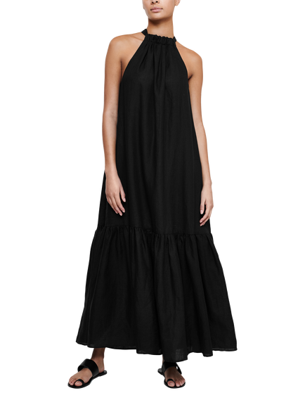 ASCENO Ibiza Halterneck Linen Maxi Dress, Black, Black