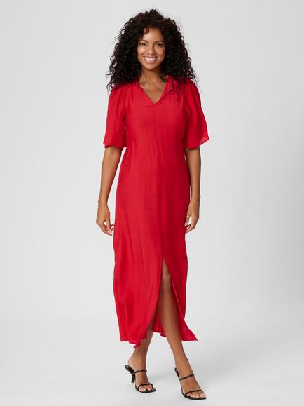 KAFFE Teri V-Neck Split Hem Maxi Dress, Red, Red