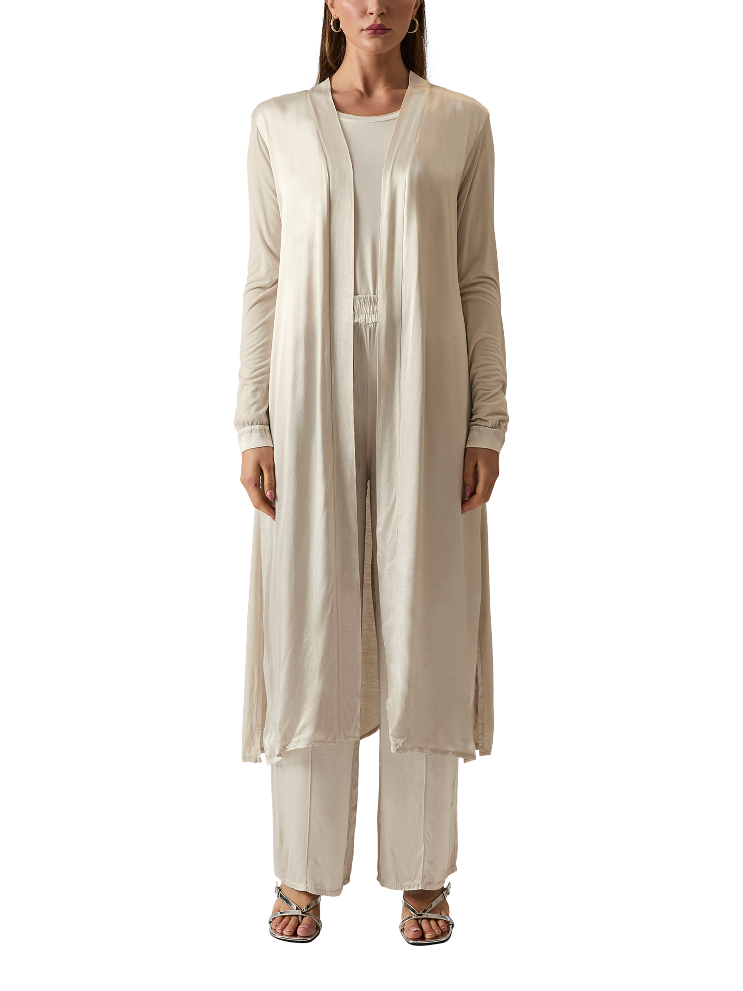 Product image 1 of 6, which shows James Lakeland Satin Front Longline Cardigan, Beige, 10