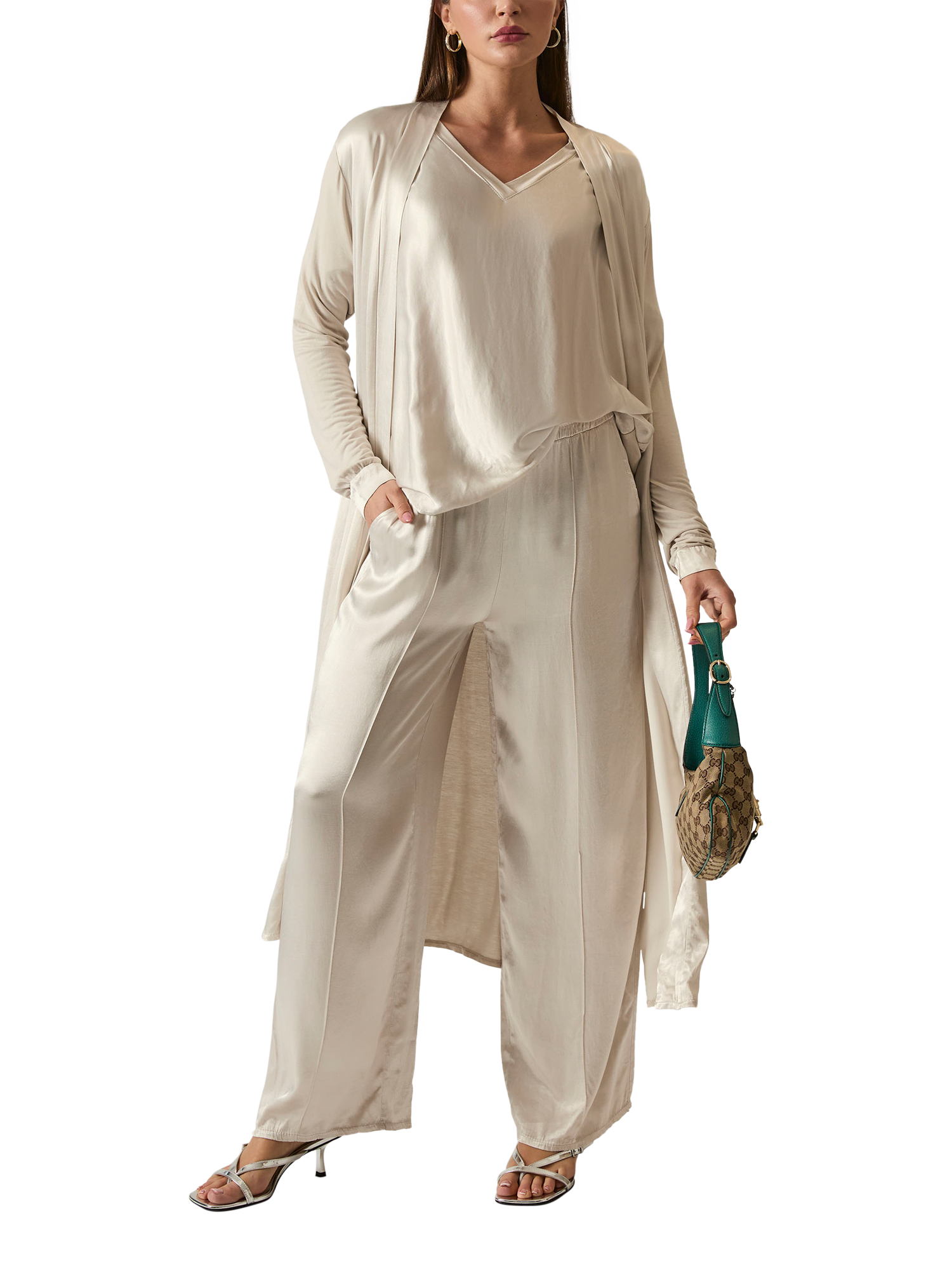 Product image 4 of 6, which shows James Lakeland Satin Front Longline Cardigan, Beige, 10