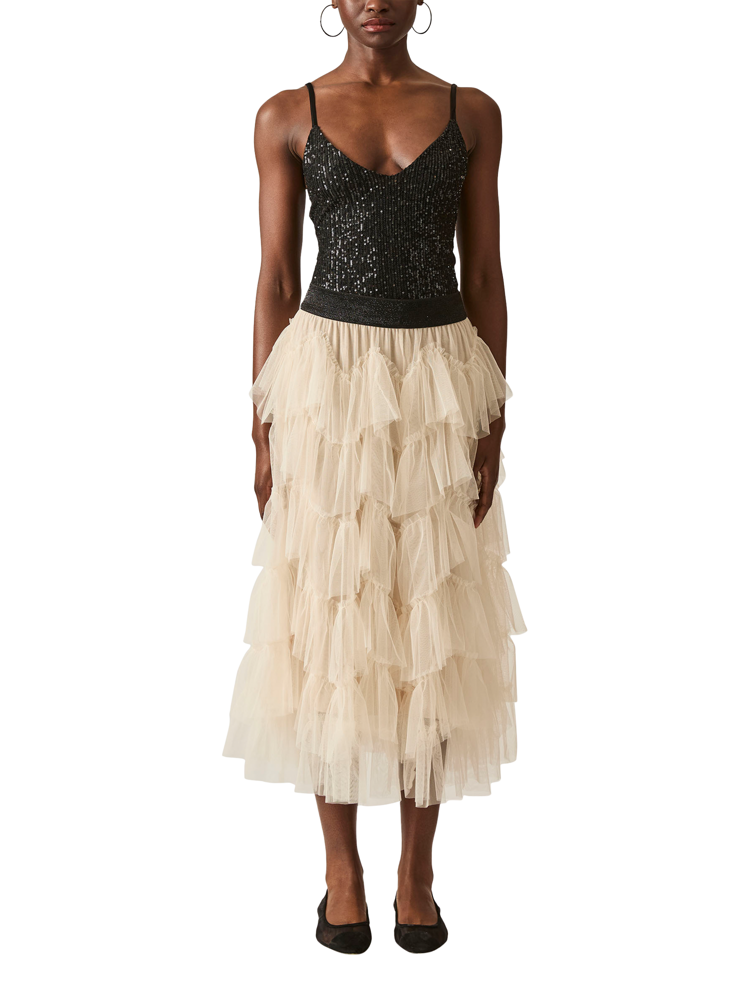 Product image 1 of 6, which shows James Lakeland Organza Ruffle Midi Skirt, Nude, 8