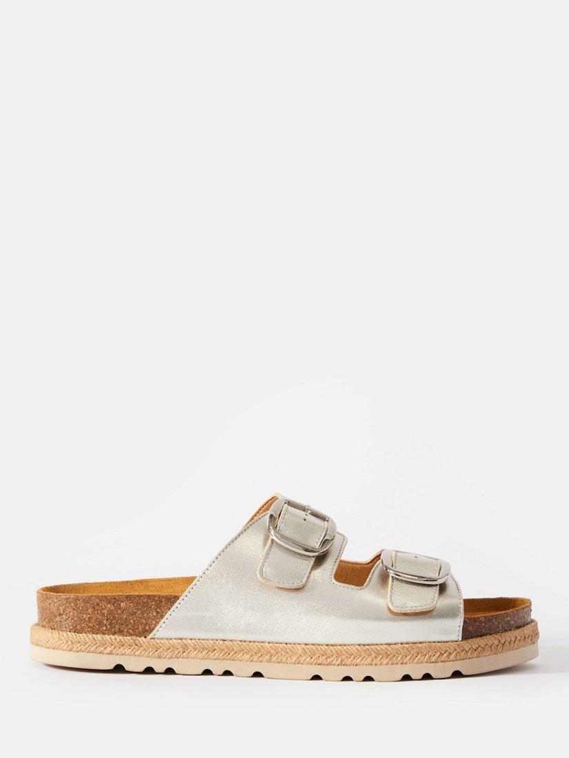 Product image 1 of 4, which shows Mint Velvet Hannah Leather Two Strap Slider Sandals, Silver, 6
