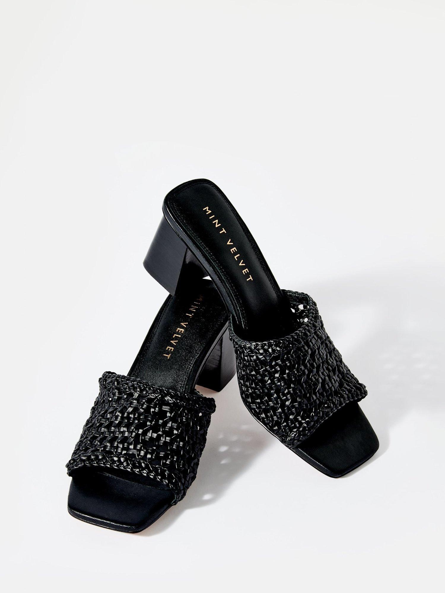 Product image 2 of 5, which shows Mint Velvet Woven Block Heeled Mules, Black, 3
