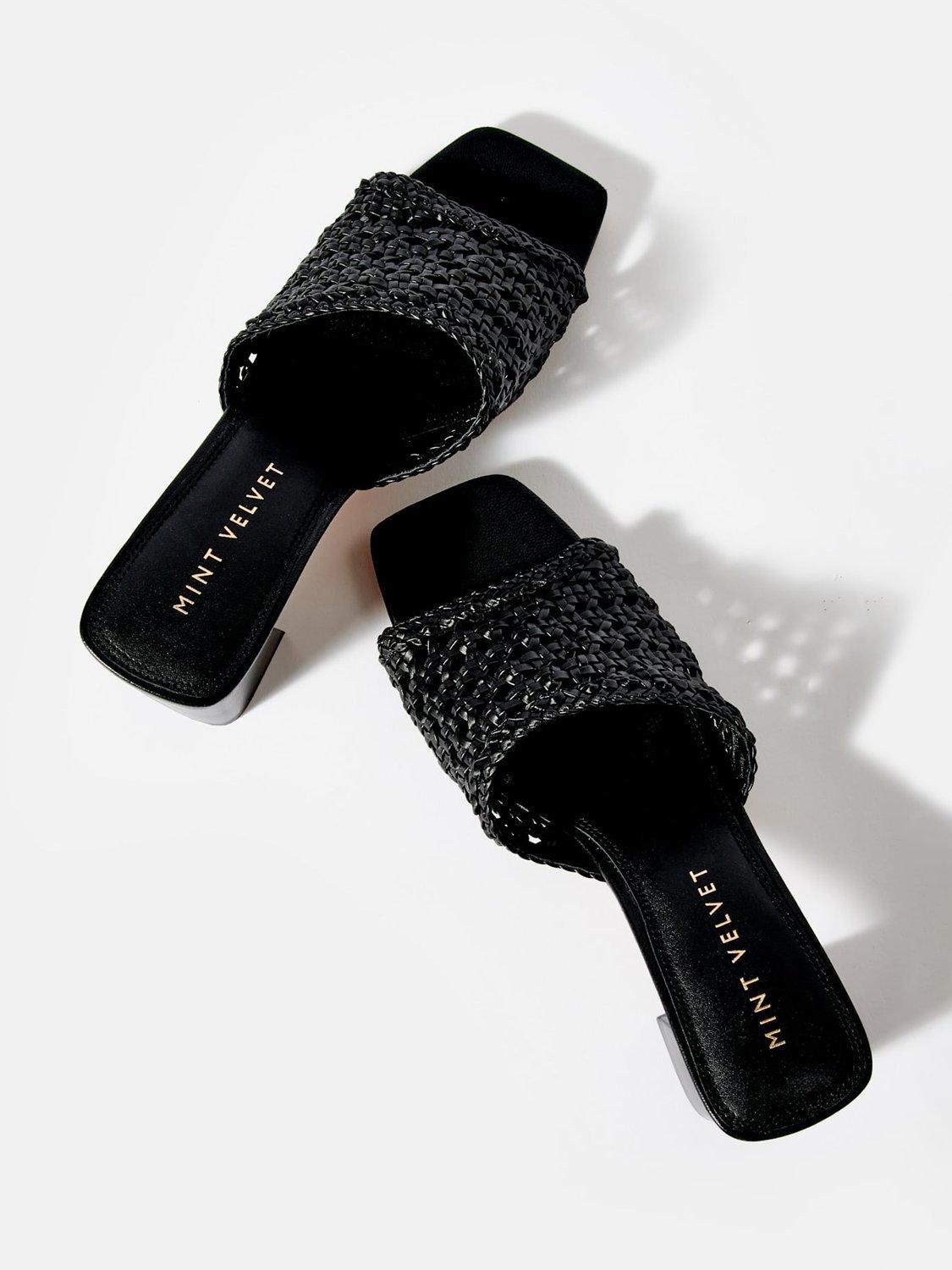 Product image 3 of 5, which shows Mint Velvet Woven Block Heeled Mules, Black, 3
