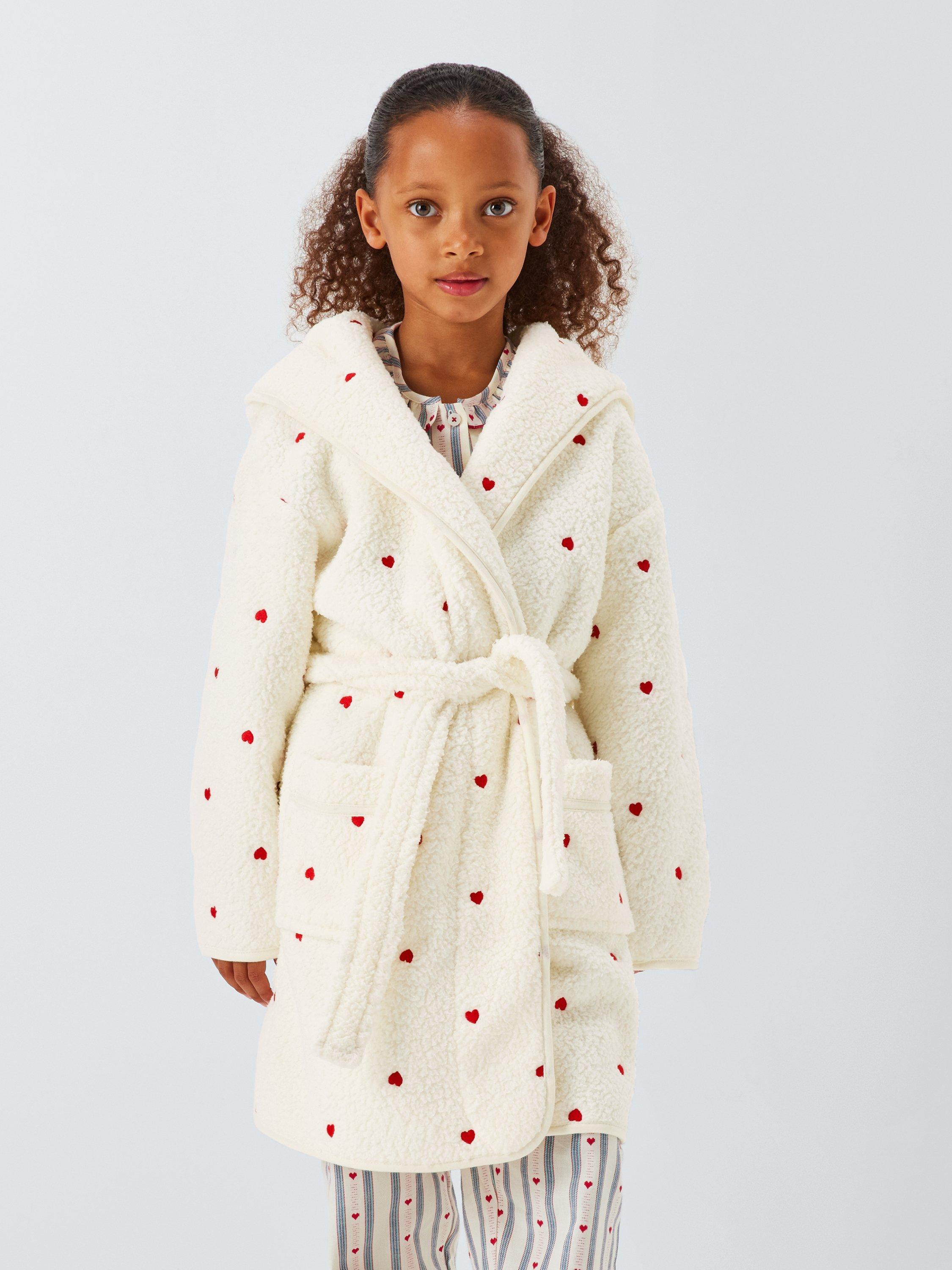 Product image 1 of 9, which shows John Lewis Kids' Mini Hearts Fleece Bath Robe, Off White, 9-10 years