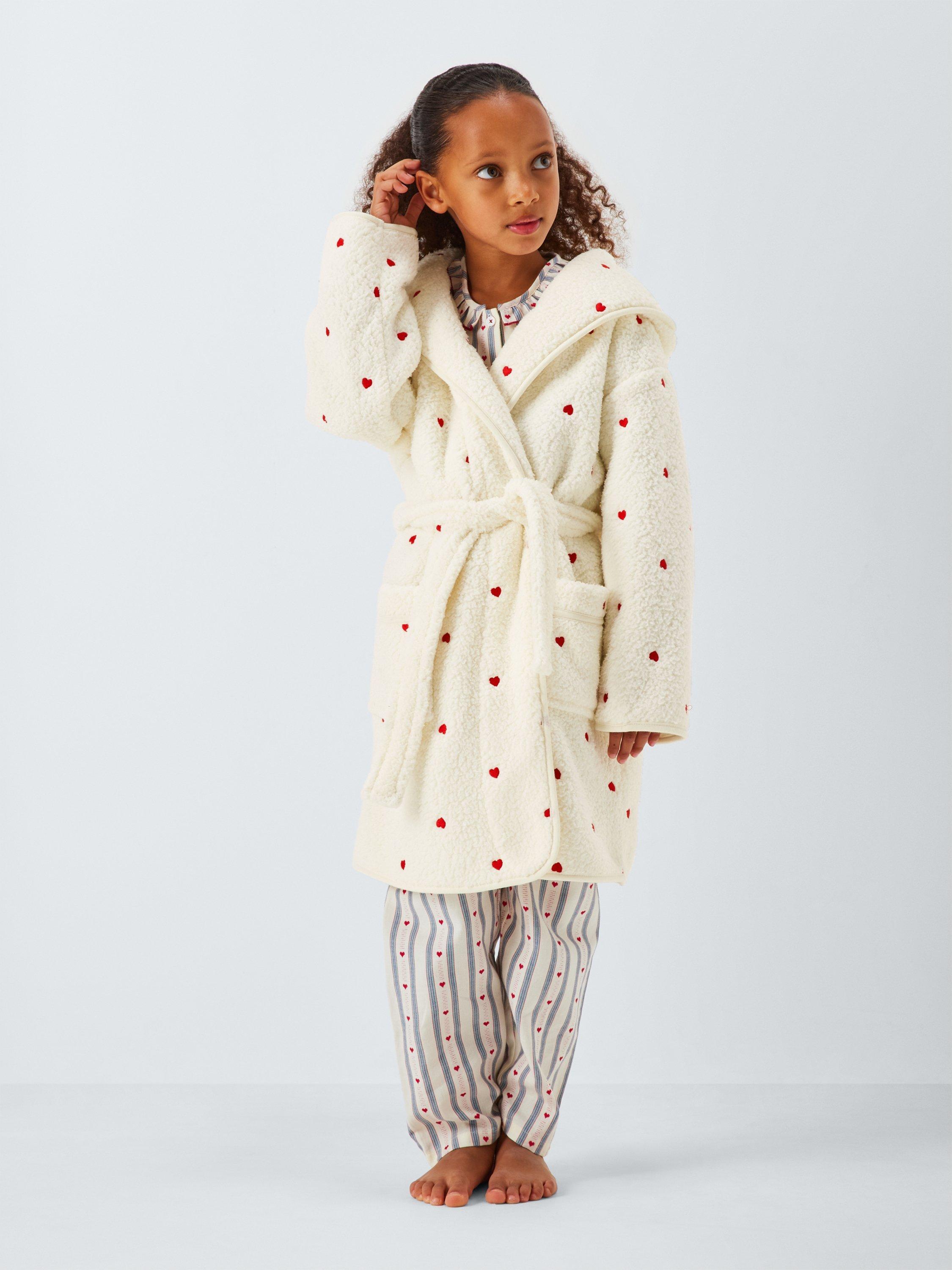 Product image 4 of 9, which shows John Lewis Kids' Mini Hearts Fleece Bath Robe, Off White, 9-10 years