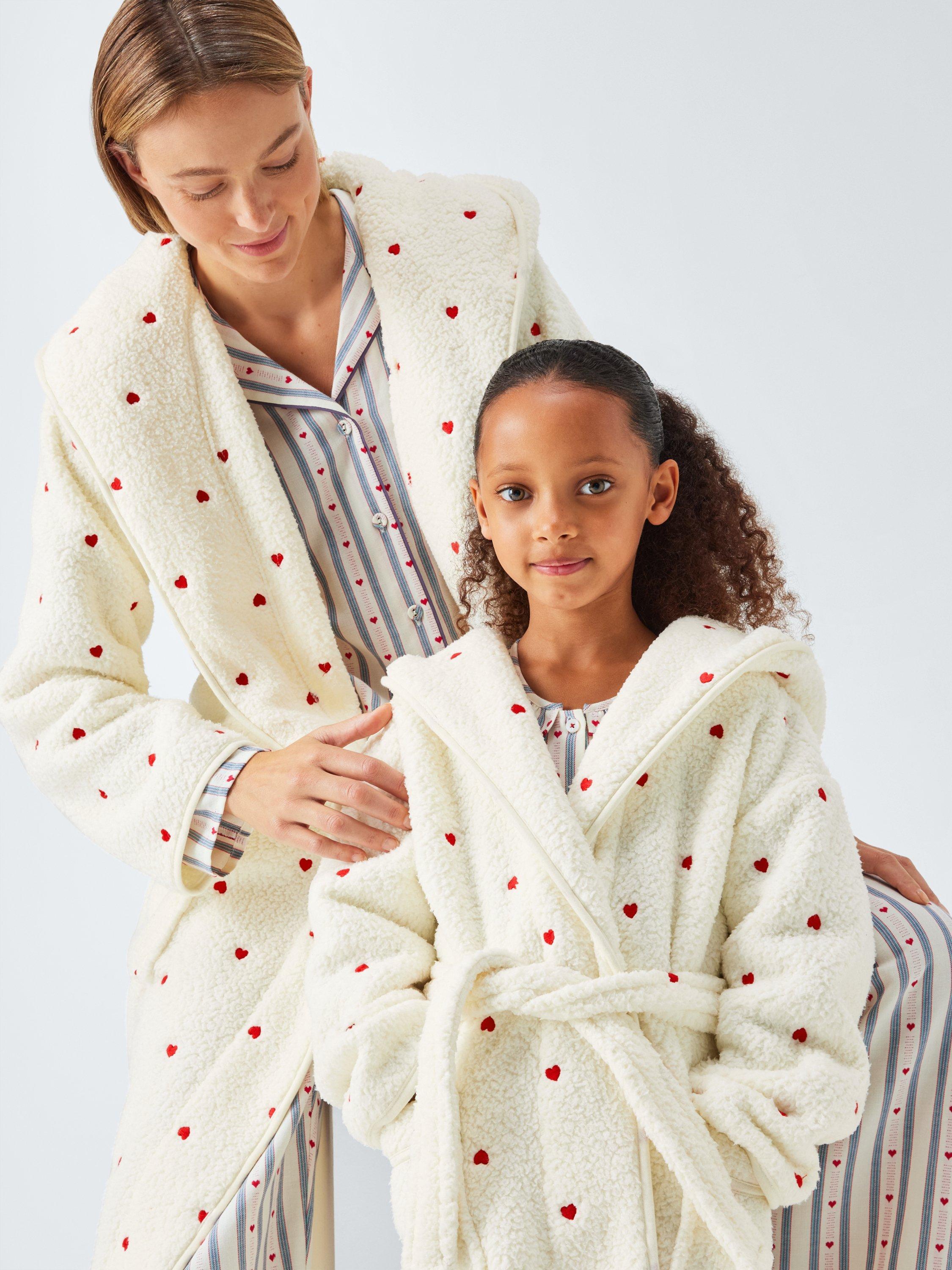 Product image 6 of 8, which shows John Lewis Embroidered Heart Borg Dressing Gown, Ivory/Red, S