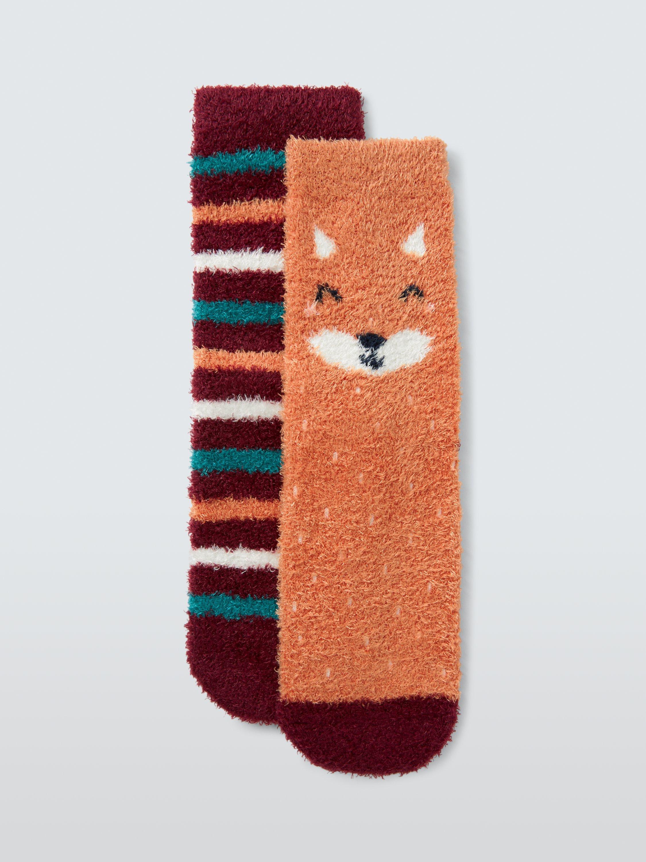 Product image 1 of 2, which shows John Lewis Kids' Fluffy Fox Slipper Socks, Pack of 2, Multi, 9-12 Jnr