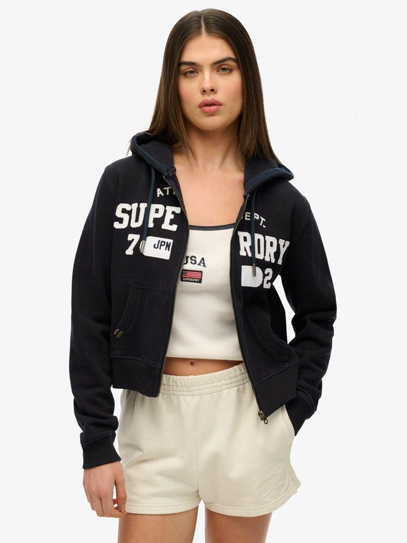 Product image 1 of 5, which shows Superdry Athletic Essentials Relaxed Cropped Zip Hoodie, Eclipse Navy, 8