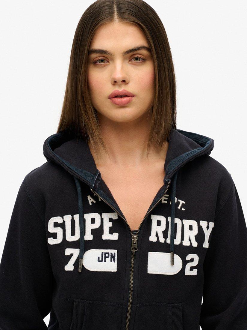 Product image 4 of 5, which shows Superdry Athletic Essentials Relaxed Cropped Zip Hoodie, Eclipse Navy, 8