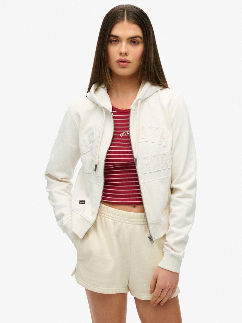 Product image 1 of 5, which shows Superdry Athletic Essentials Tonal Cropped Zip Hoodie, Desert Bone White, 8