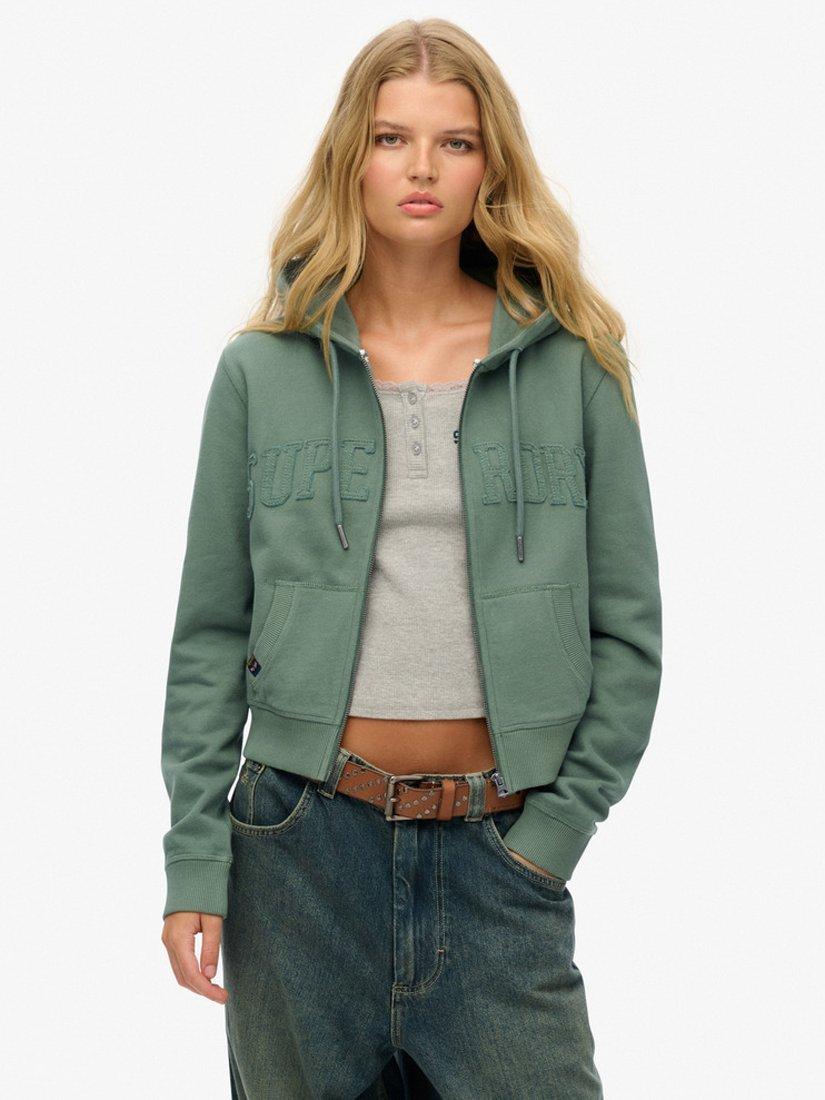 Product image 1 of 5, which shows Superdry Athletic Essentials Tonal Cropped Zip Hoodie, Laurel Khaki, 8