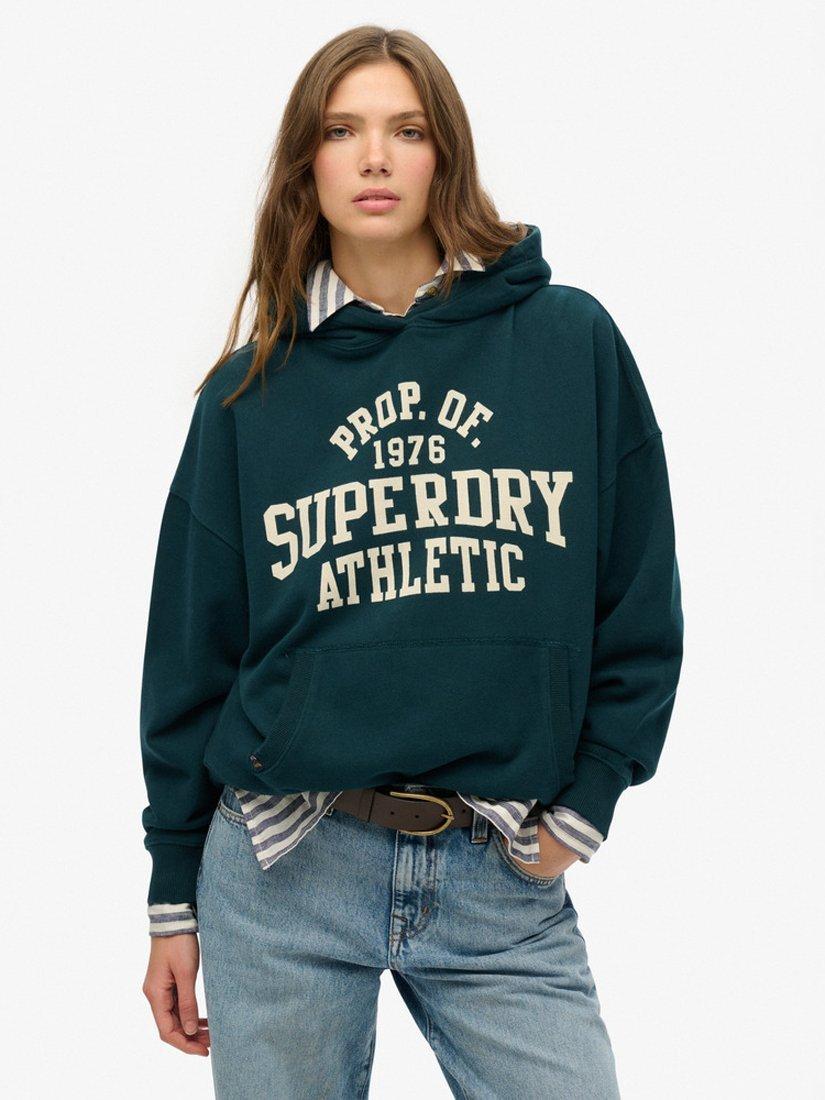 Product image 1 of 5, which shows Superdry Athletic Essentials Relaxed Hoodie, Dark Pine Green, 8