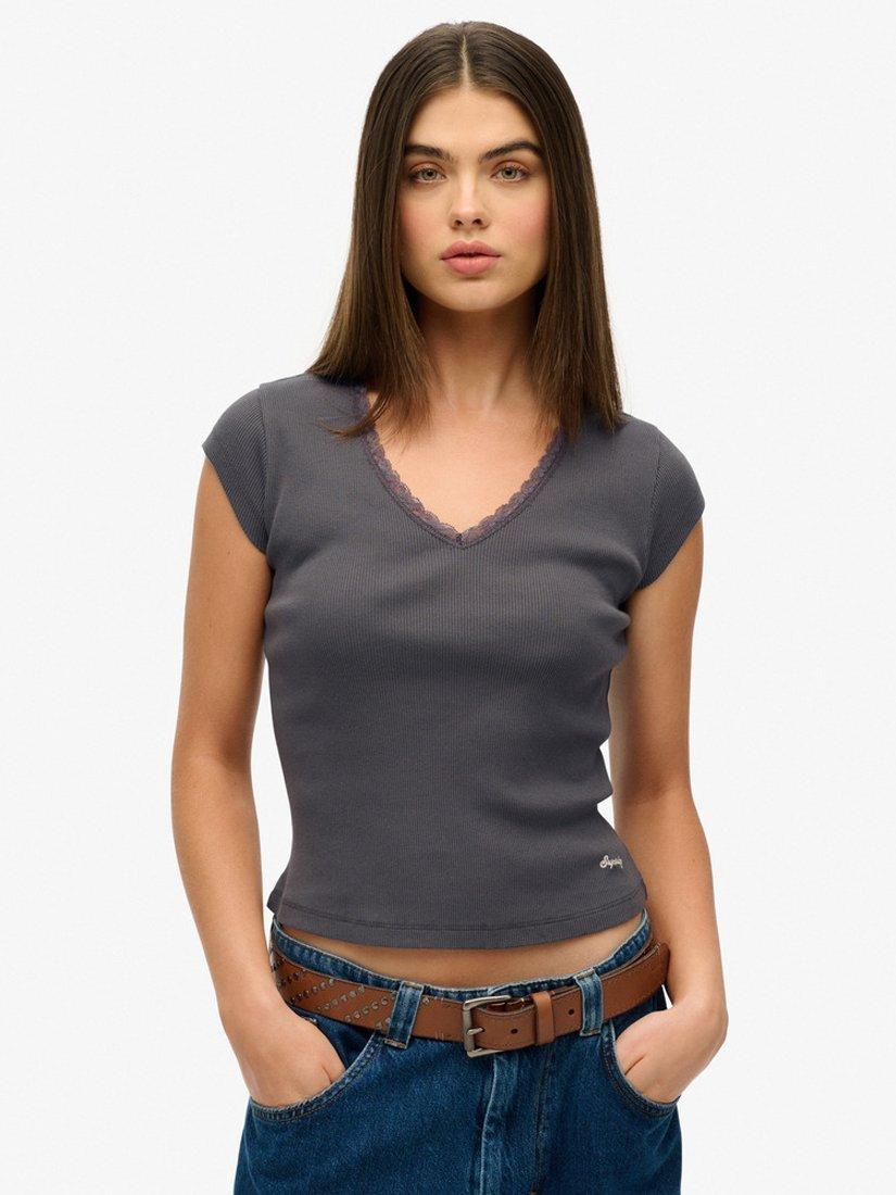 Product image 1 of 5, which shows Superdry Essential Lace Trim V-Neck Short Sleeve Top, Dark Slate Grey, 8