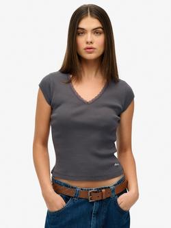 Superdry Essential Lace Trim V-Neck Short Sleeve Top, Dark Slate Grey, Dark Slate Grey