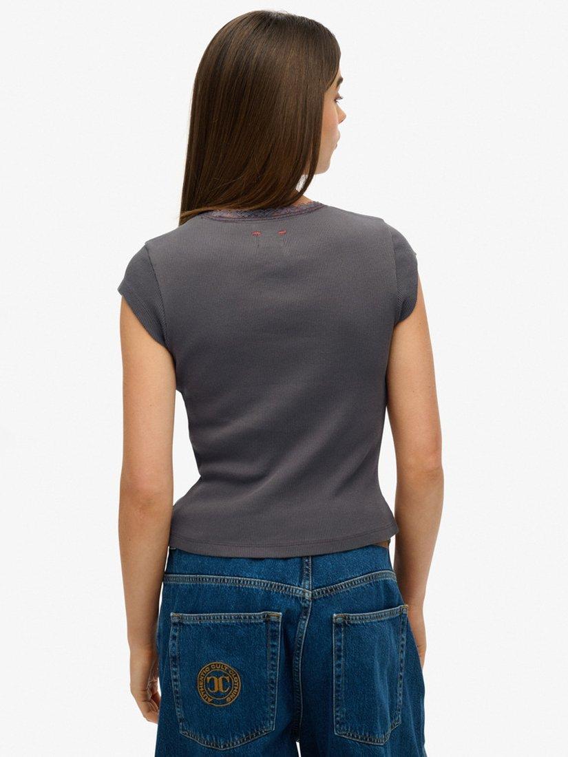 Product image 2 of 5, which shows Superdry Essential Lace Trim V-Neck Short Sleeve Top, Dark Slate Grey, 8