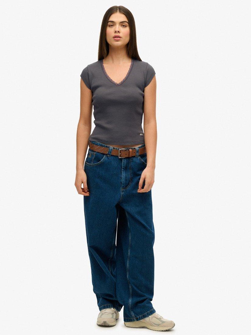 Product image 3 of 5, which shows Superdry Essential Lace Trim V-Neck Short Sleeve Top, Dark Slate Grey, 8