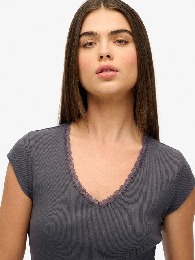 Product image 4 of 5, which shows Superdry Essential Lace Trim V-Neck Short Sleeve Top, Dark Slate Grey, 8