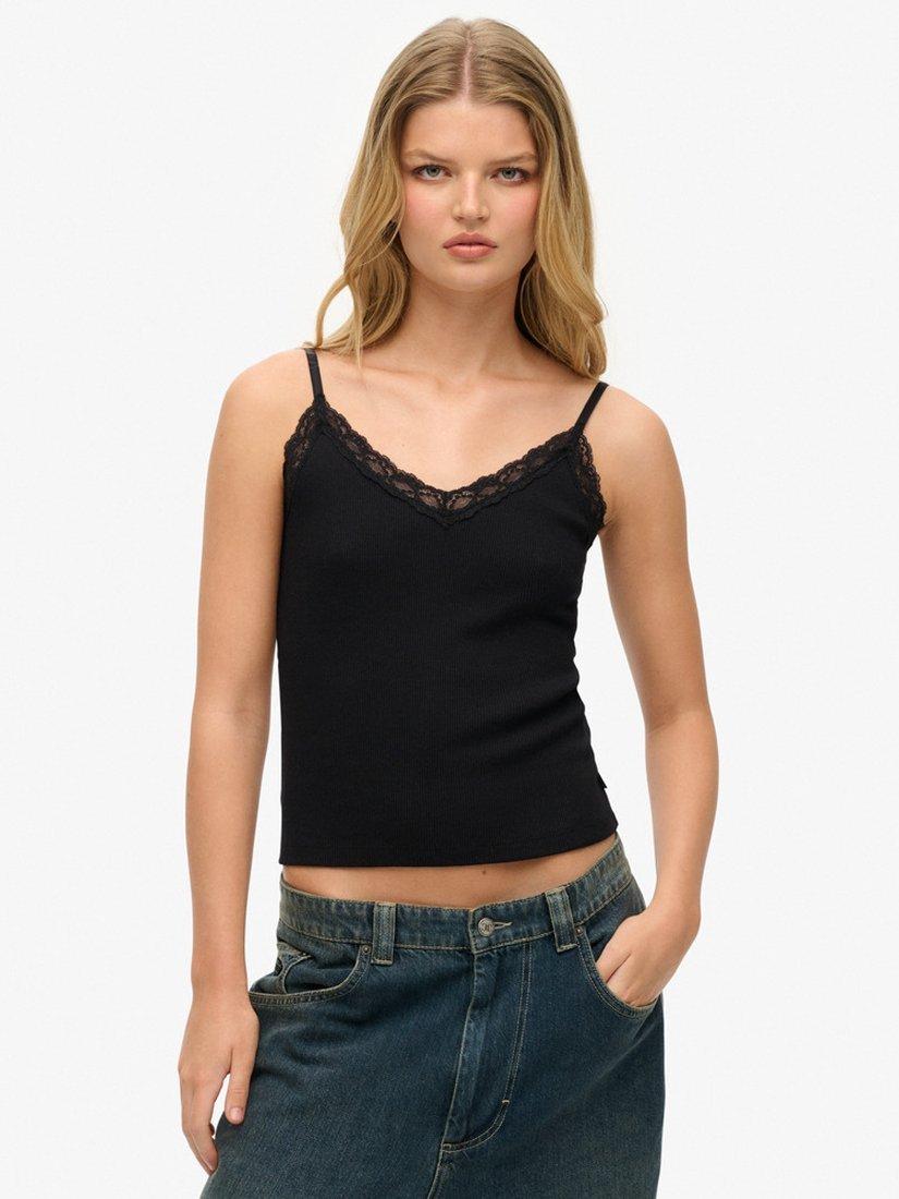 Product image 1 of 5, which shows Superdry Essential Lace Trim Cami Top, Black, 8