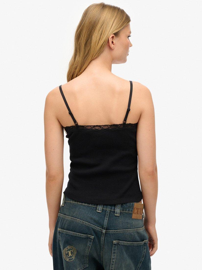 Product image 2 of 5, which shows Superdry Essential Lace Trim Cami Top, Black, 8