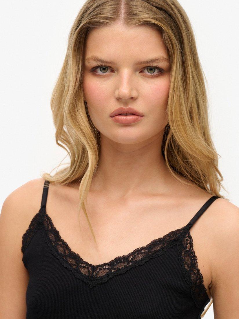 Product image 4 of 5, which shows Superdry Essential Lace Trim Cami Top, Black, 8