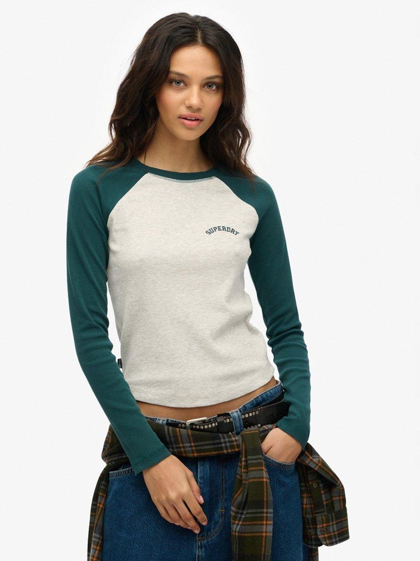 Product image 1 of 4, which shows Superdry Essential Logo Ribbed Baseball Long Sleeve Top, Glacier Pine Green, 8