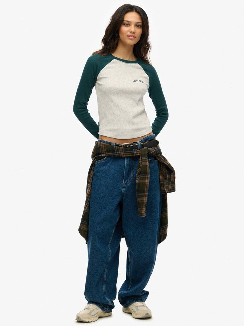 Product image 3 of 4, which shows Superdry Essential Logo Ribbed Baseball Long Sleeve Top, Glacier Pine Green, 8