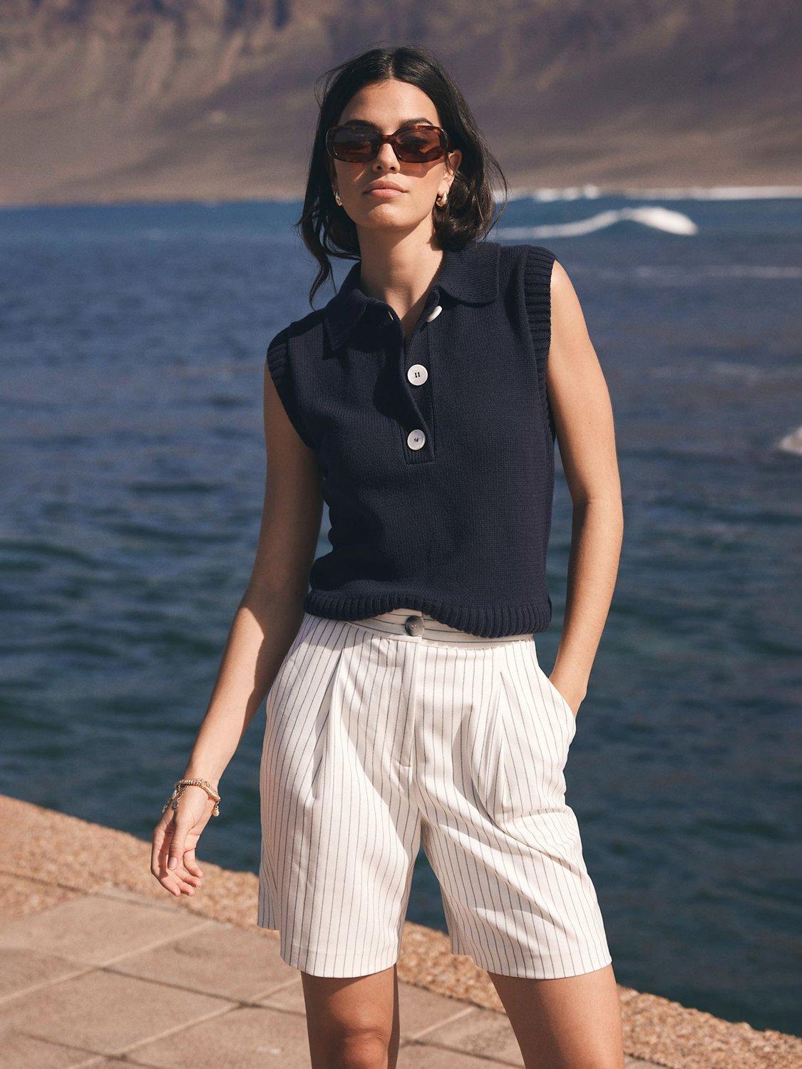 Product image 1 of 8, which shows Mint Velvet Button Knit Polo Top, Blue Navy, XS