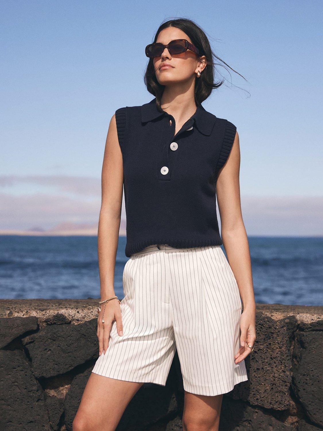 Product image 2 of 8, which shows Mint Velvet Button Knit Polo Top, Blue Navy, XS