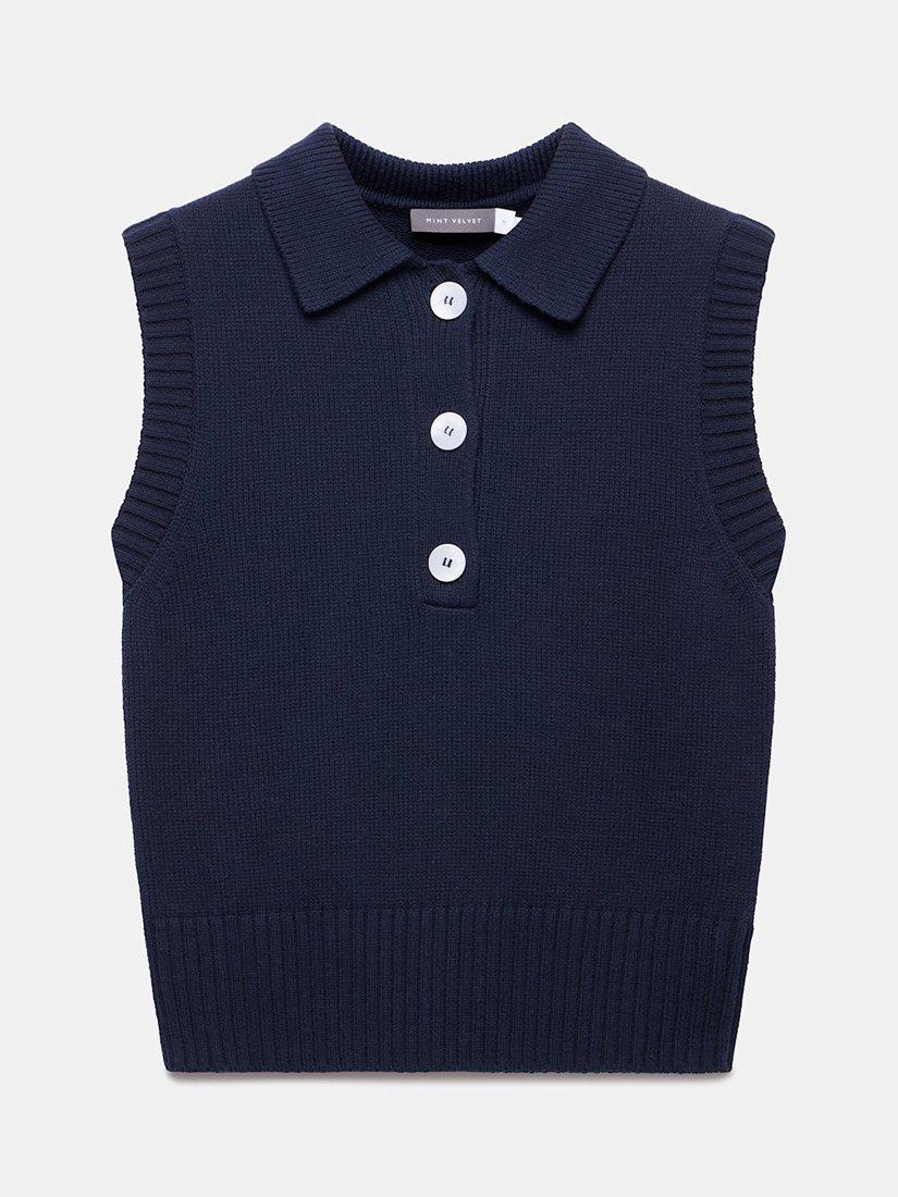 Product image 7 of 8, which shows Mint Velvet Button Knit Polo Top, Blue Navy, XS
