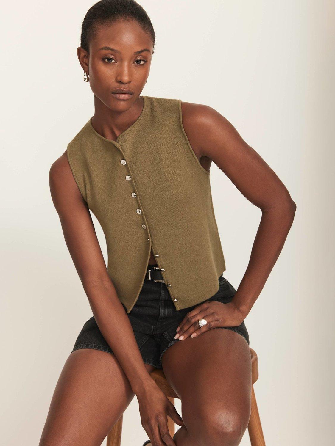 Product image 1 of 8, which shows Mint Velvet Minimalist Crew Neck Waistcoat, Khaki, L
