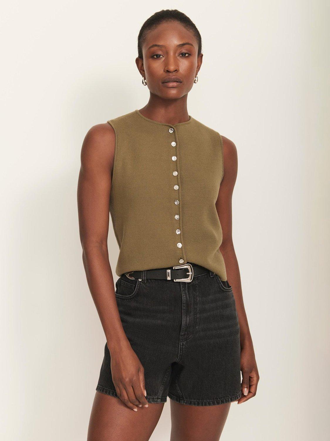 Product image 2 of 8, which shows Mint Velvet Minimalist Crew Neck Waistcoat, Khaki, L