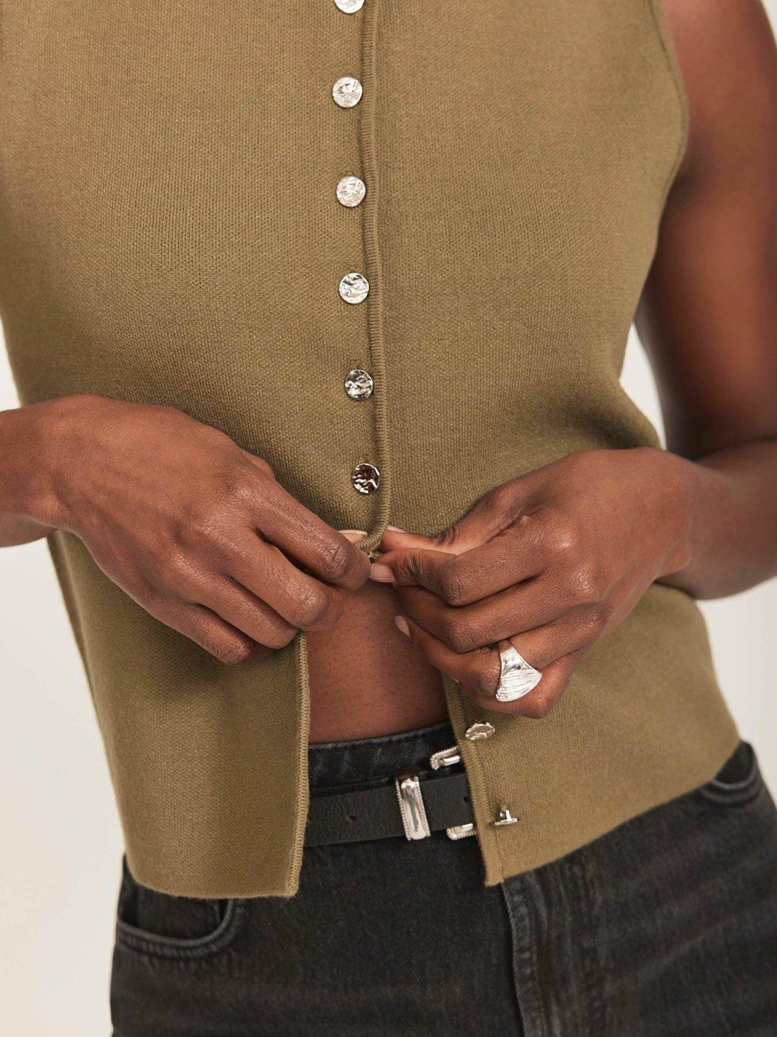 Product image 4 of 8, which shows Mint Velvet Minimalist Crew Neck Waistcoat, Khaki, L