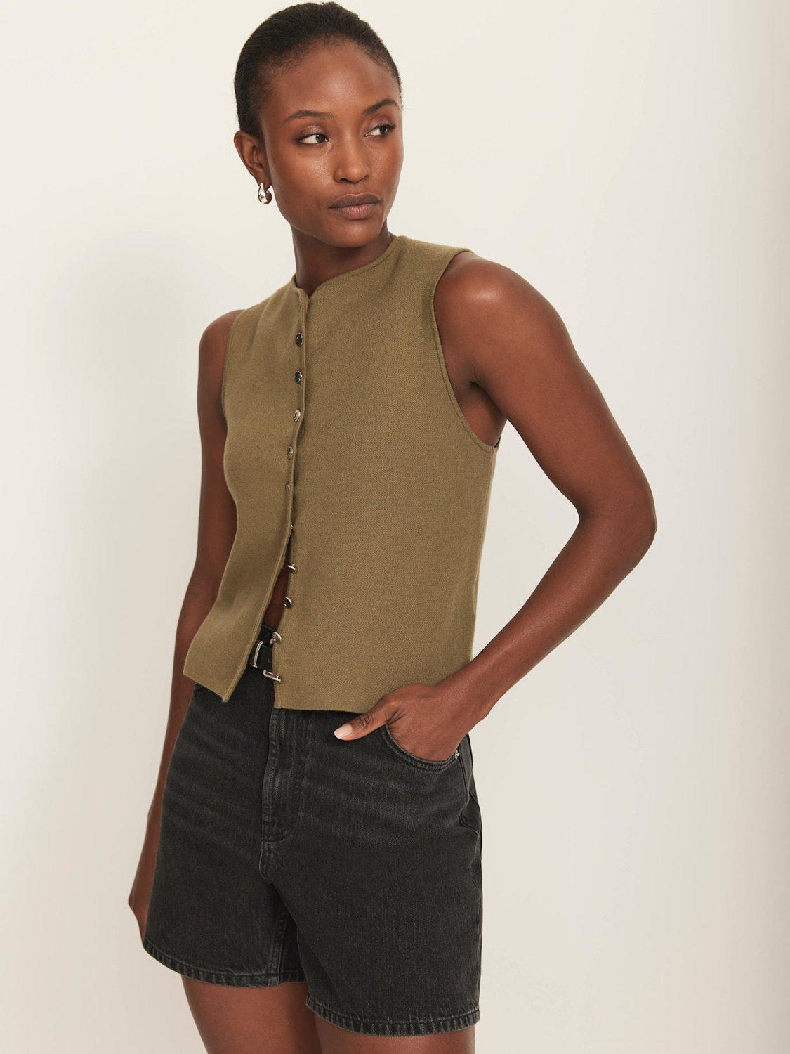 Product image 6 of 8, which shows Mint Velvet Minimalist Crew Neck Waistcoat, Khaki, L