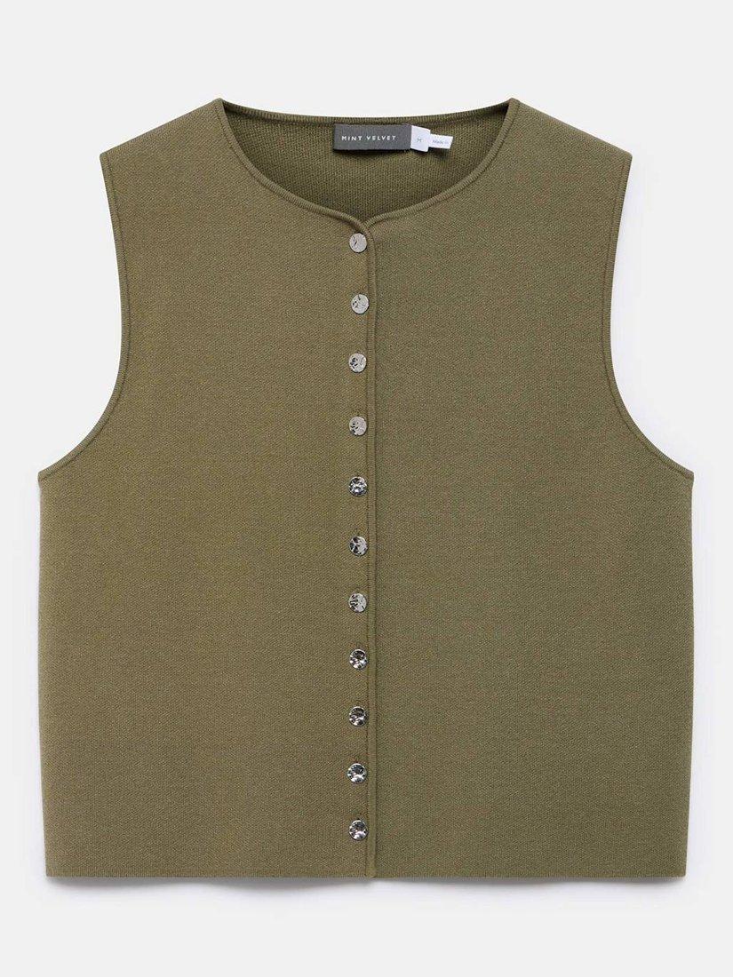 Product image 7 of 8, which shows Mint Velvet Minimalist Crew Neck Waistcoat, Khaki, L