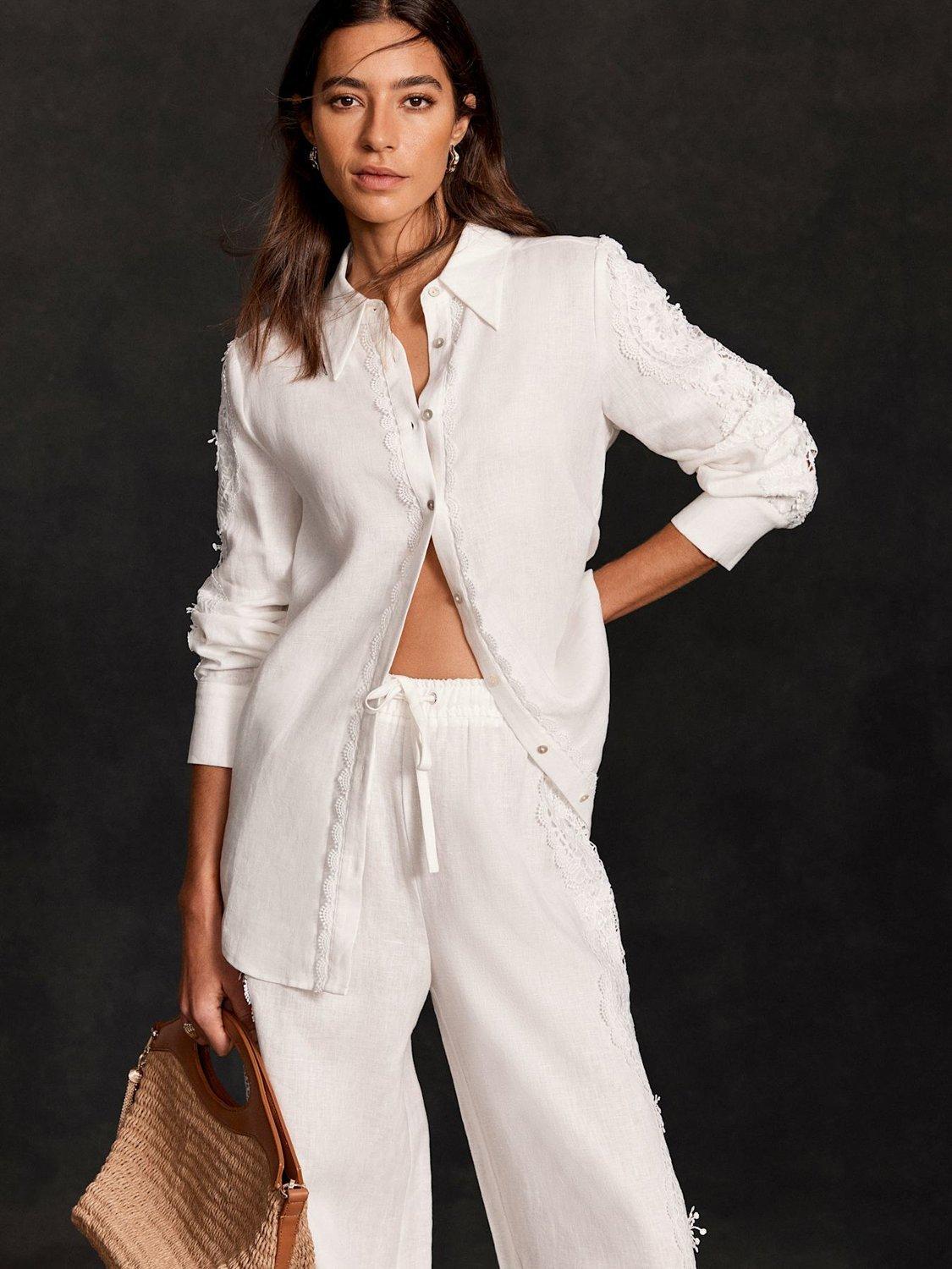 Mint Velvet Lace Trim Pure Linen Shirt, Ivory