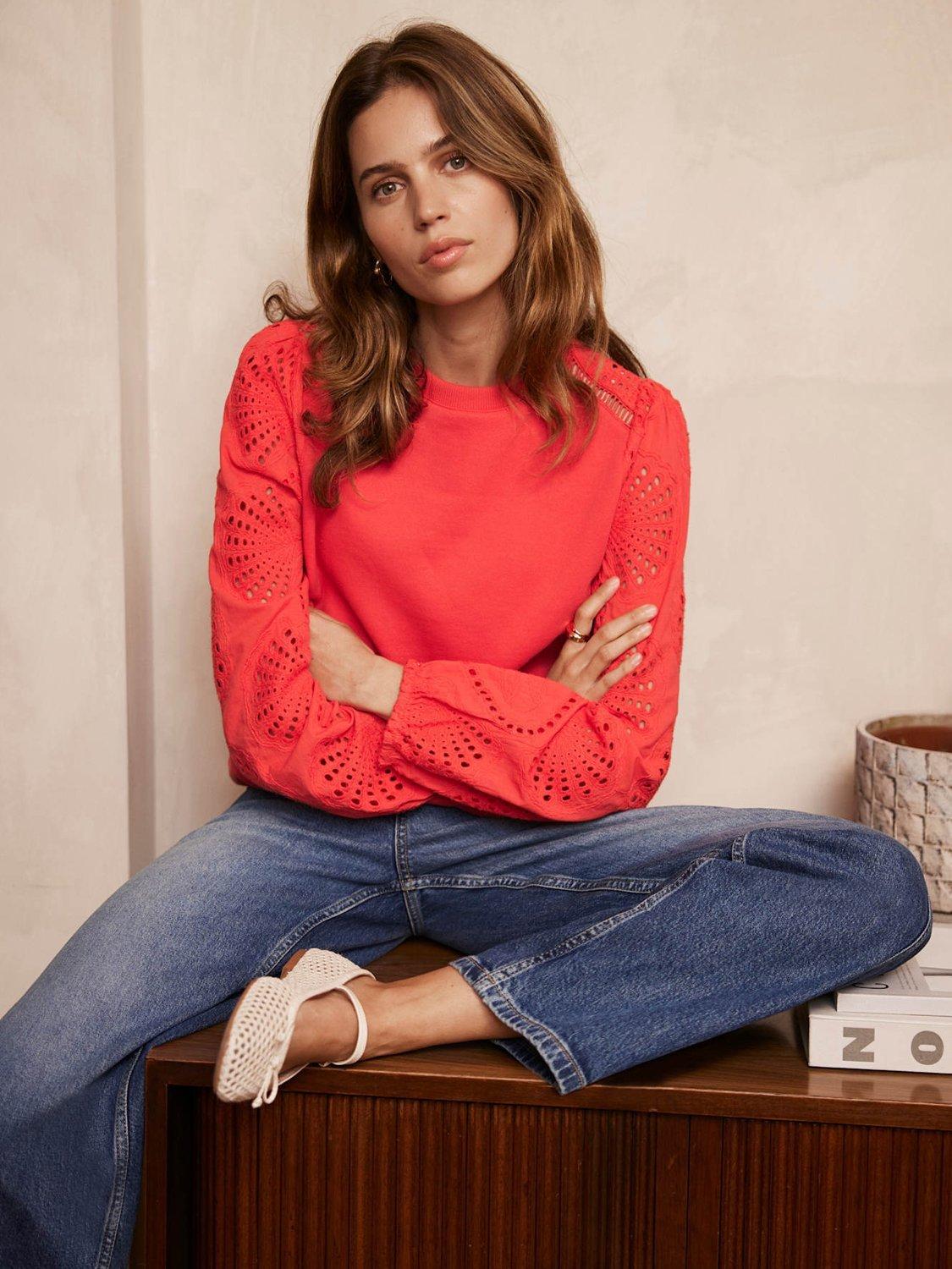 Product image 1 of 8, which shows Mint Velvet Broderie Anglaise Sleeve Sweatshirt, Red, M