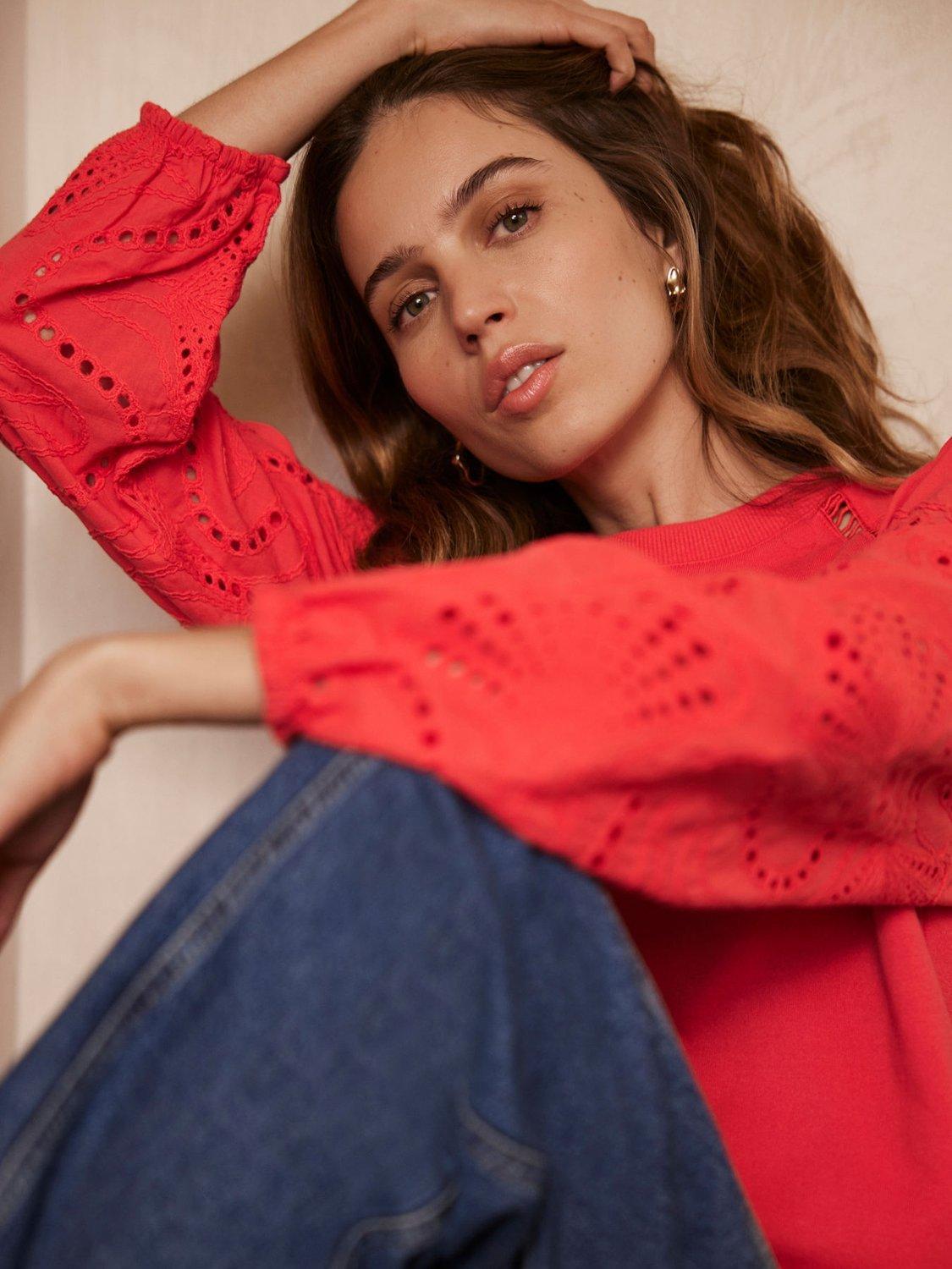 Product image 2 of 8, which shows Mint Velvet Broderie Anglaise Sleeve Sweatshirt, Red, M