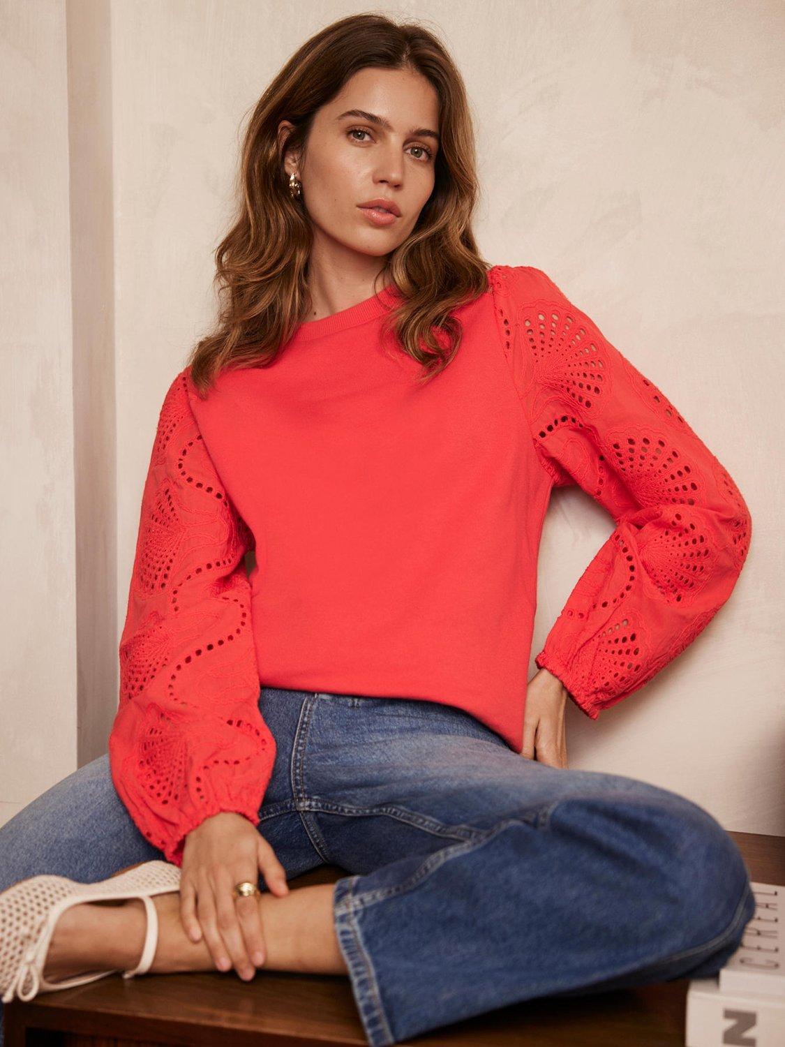 Product image 4 of 8, which shows Mint Velvet Broderie Anglaise Sleeve Sweatshirt, Red, M