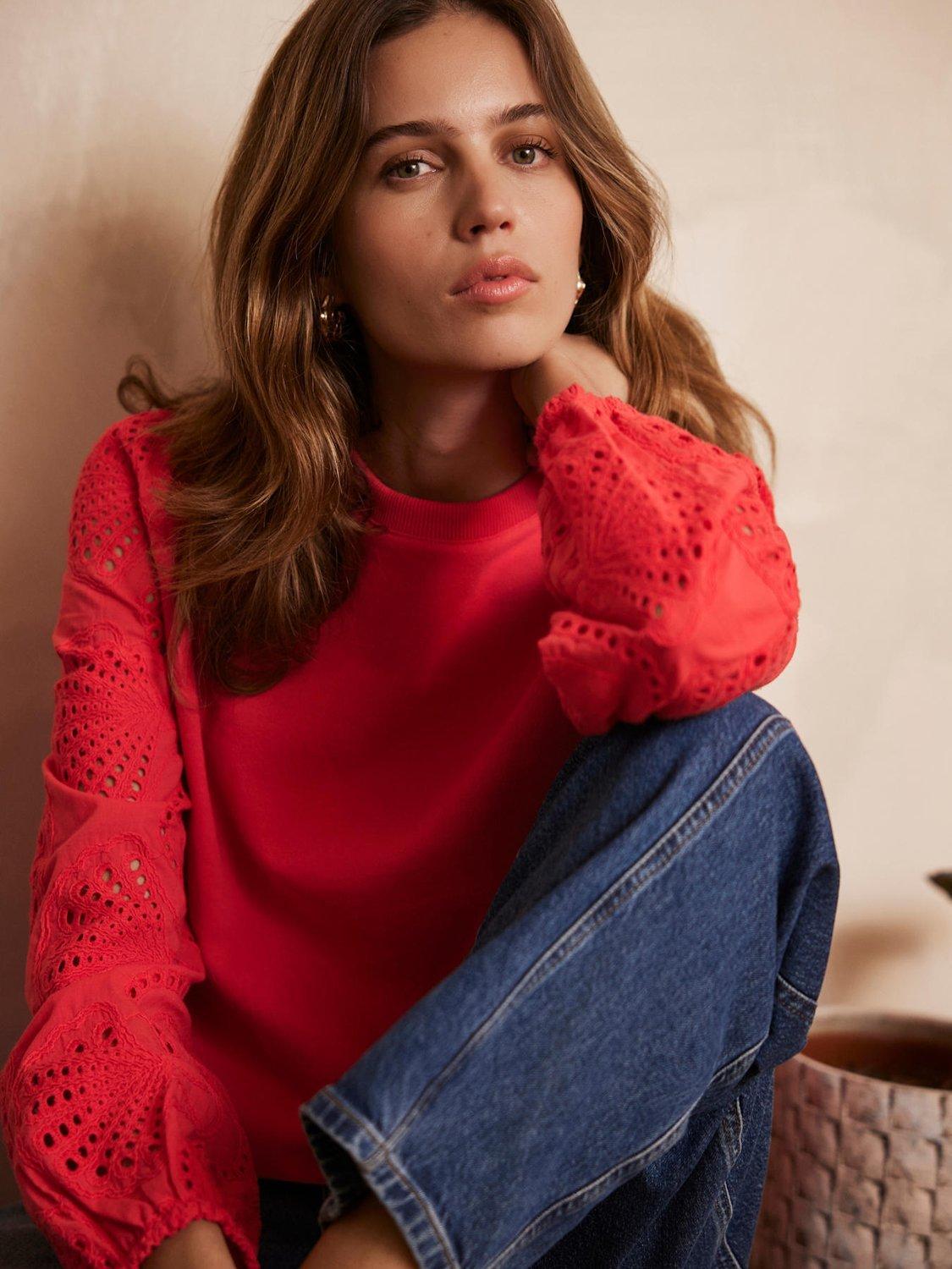 Product image 5 of 8, which shows Mint Velvet Broderie Anglaise Sleeve Sweatshirt, Red, M