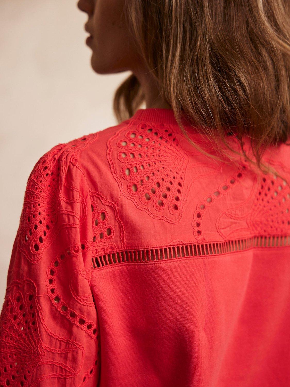 Product image 6 of 8, which shows Mint Velvet Broderie Anglaise Sleeve Sweatshirt, Red, M