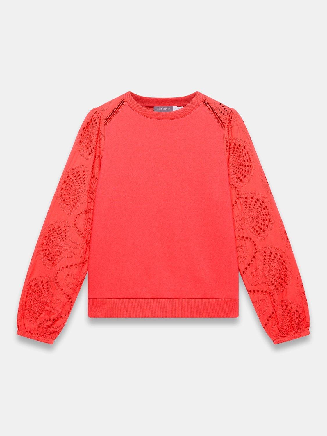 Product image 7 of 8, which shows Mint Velvet Broderie Anglaise Sleeve Sweatshirt, Red, M