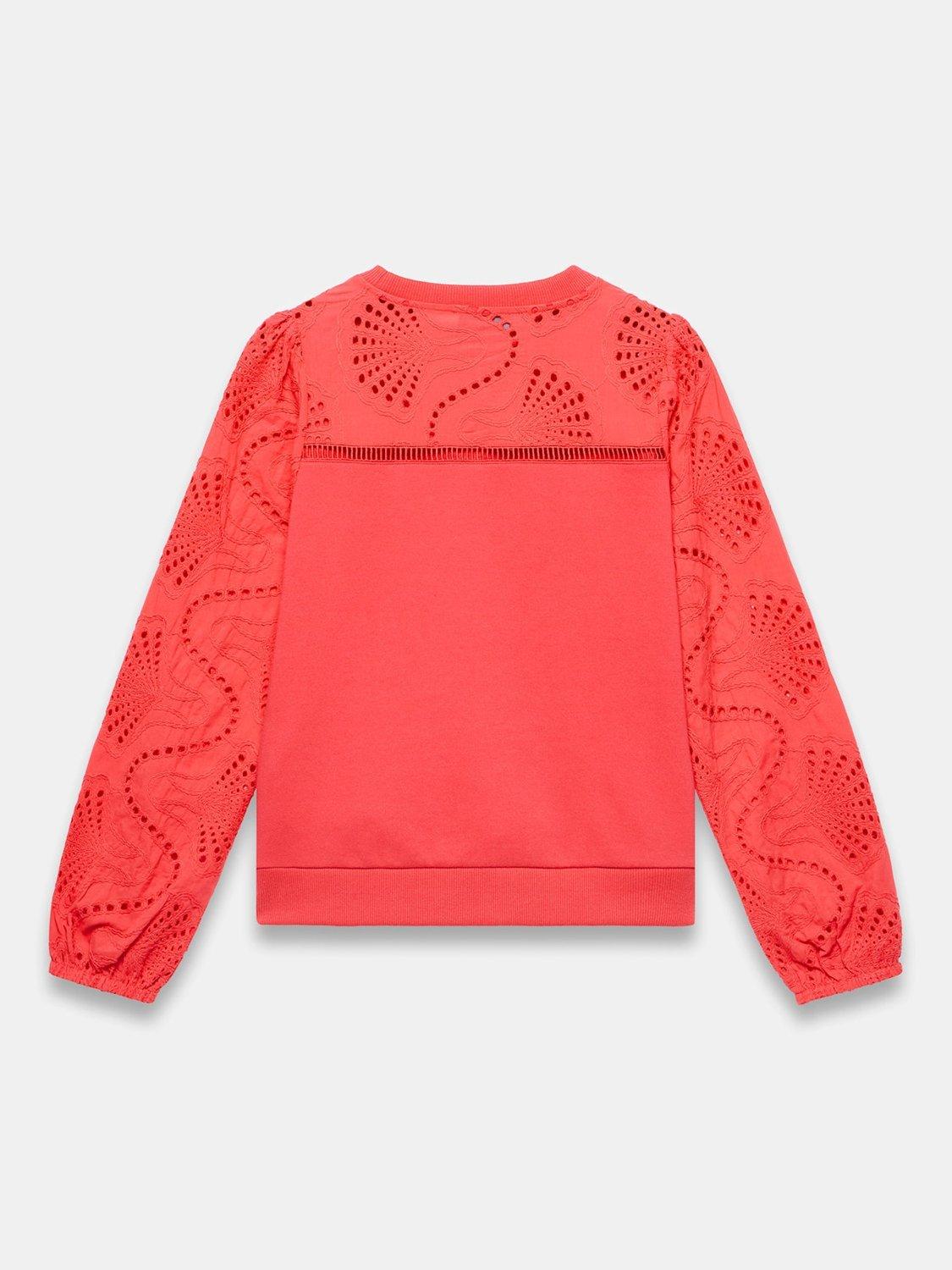 Product image 8 of 8, which shows Mint Velvet Broderie Anglaise Sleeve Sweatshirt, Red, M
