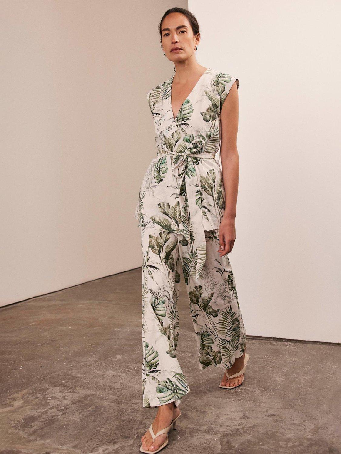 Product image 1 of 6, which shows Mint Velvet Palm Print Trousers, Green/Multi, L