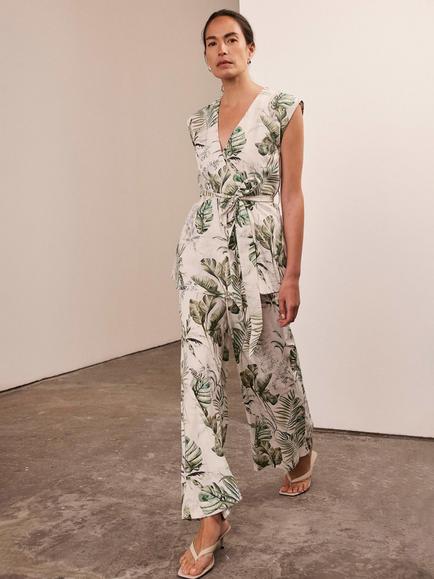 Mint Velvet Palm Print Trousers, Green/Multi, Green/Multi