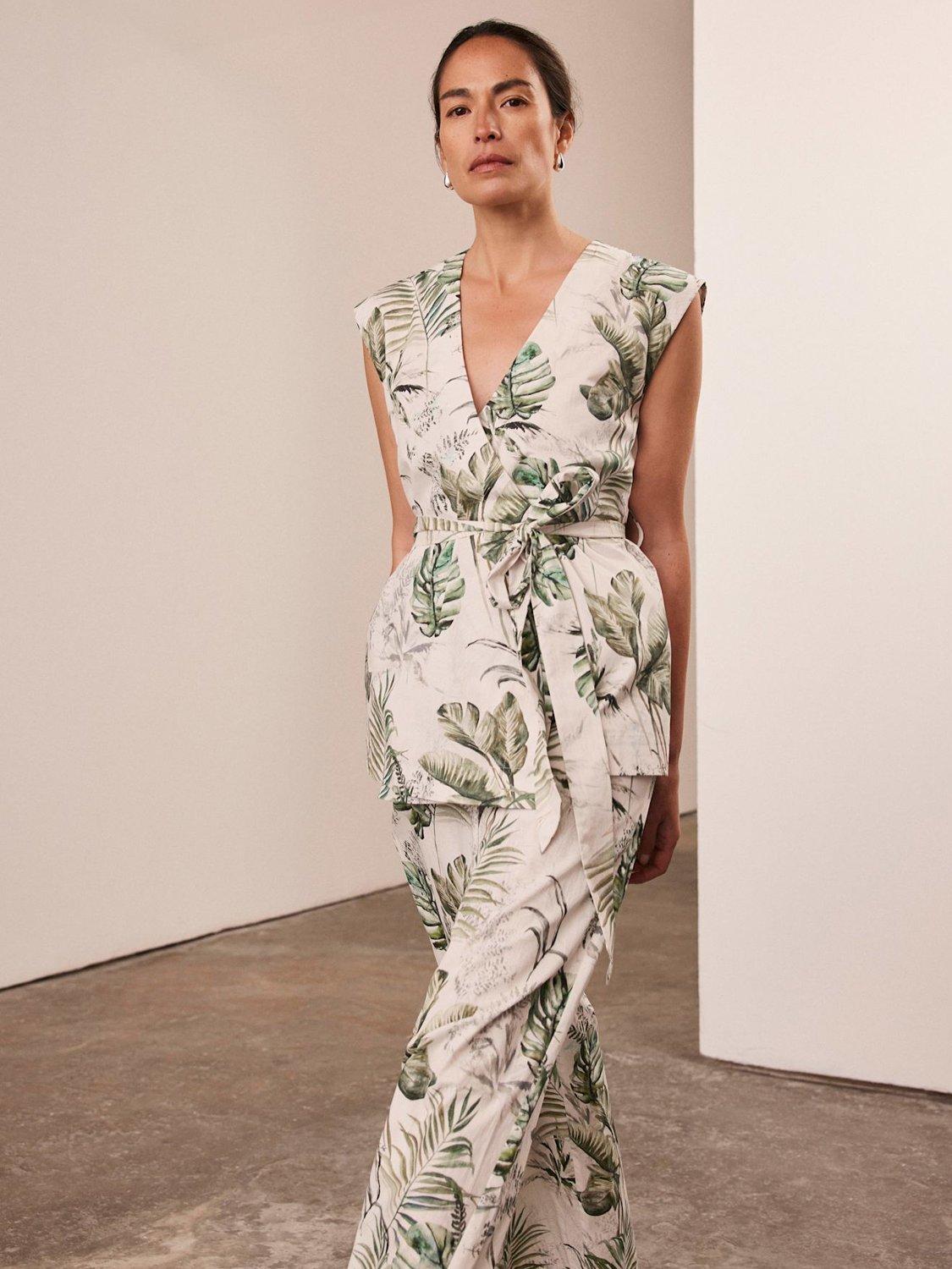 Product image 2 of 6, which shows Mint Velvet Palm Print Trousers, Green/Multi, L