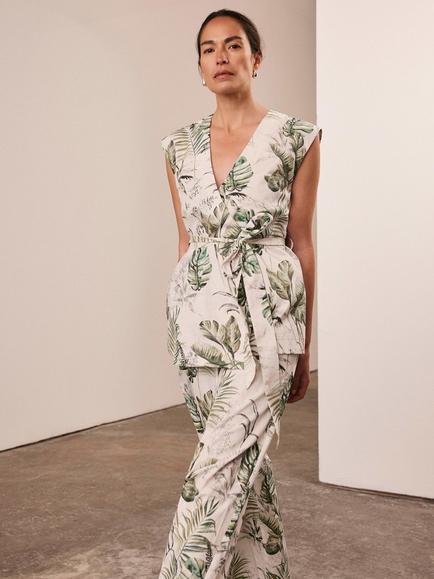 Mint Velvet Palm Print Trousers, Green/Multi - view 2, Green/Multi